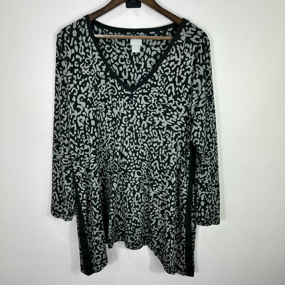 Chicos 2 L Gray Black Leopard Print‎ V Neck Tunic Top Pima Cotton Boho Chic